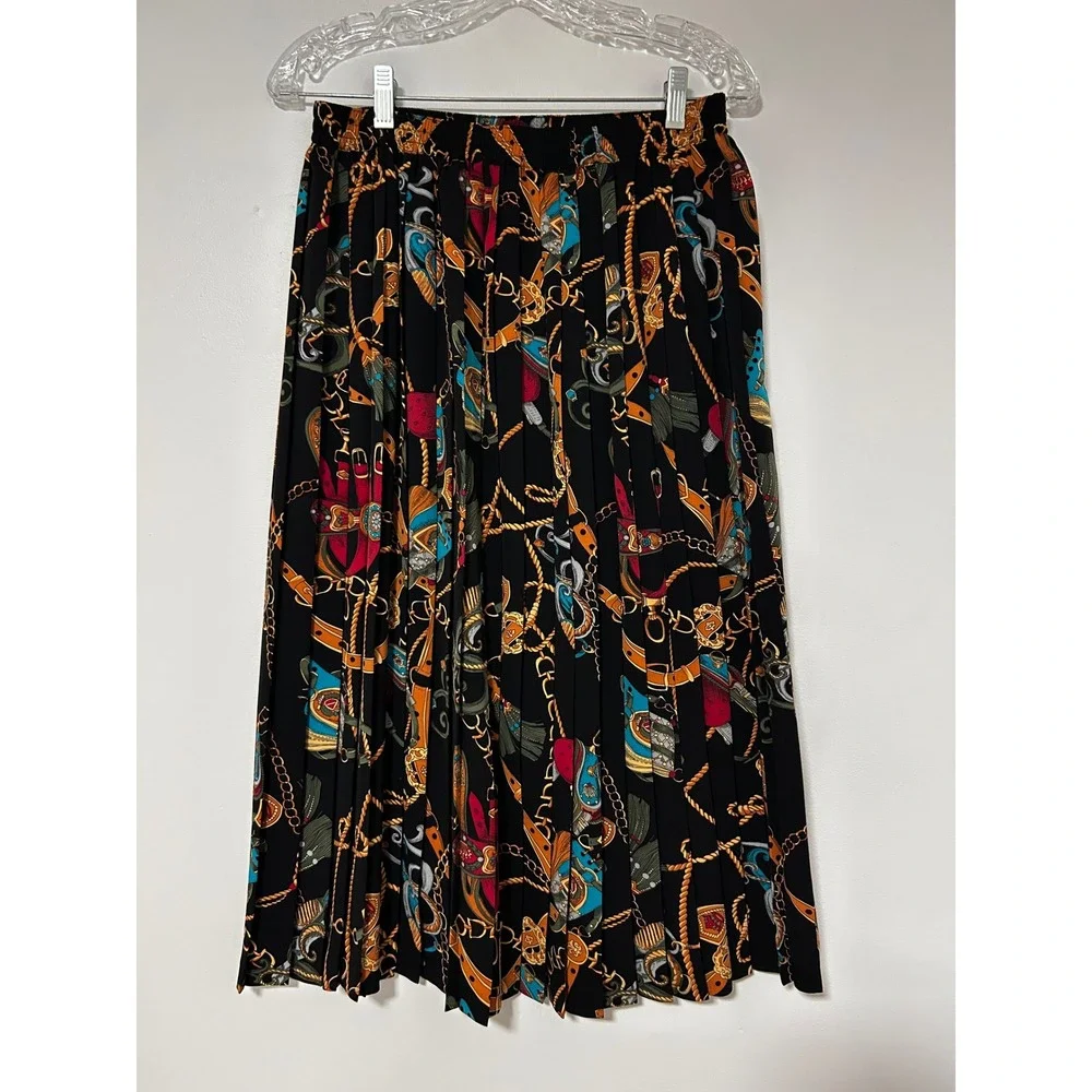 Alfred Dunner Vintage 2 Piece Set LARGE Black Equestrian Chain Print Skirt